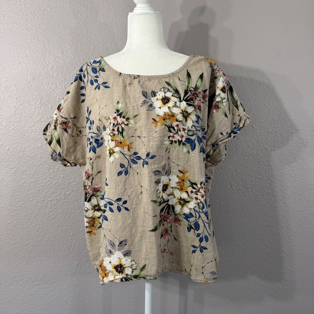 RD+Koko‎ Anthropologie Women's Size 2X Beige 100% Linen Floral Short Sleeve Top